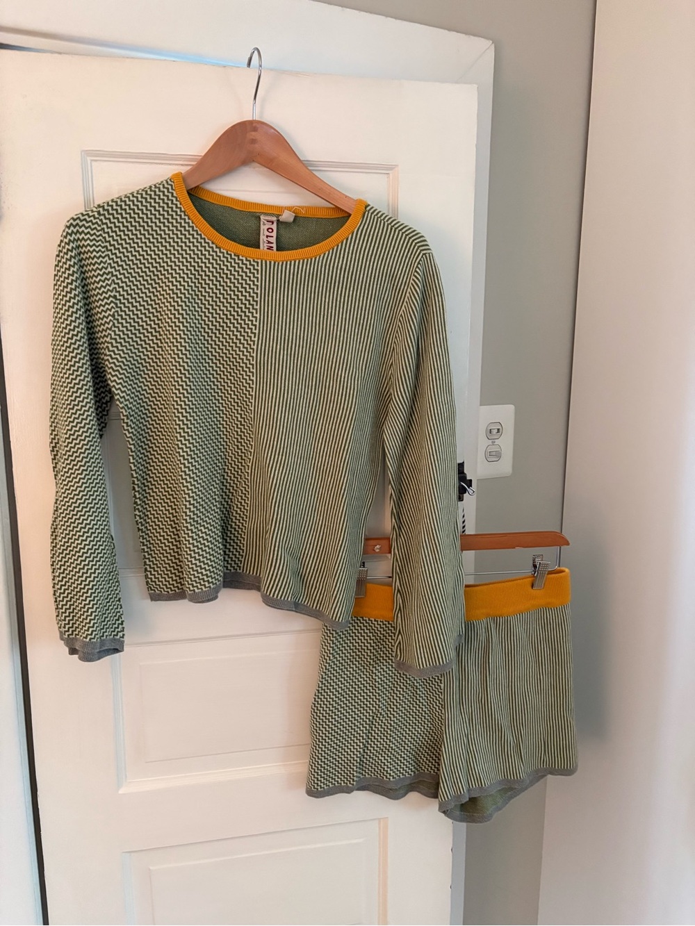 Striped Two-Piece Top & Skirt Set in Olive Green with Mustard Trim